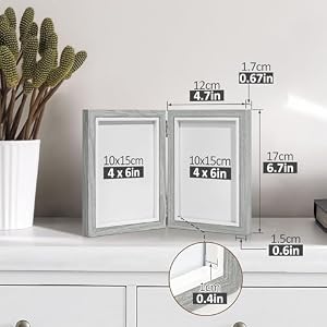 Afuly 4×6 Picture Frame Double Picture Frames 4 by 6 Grey Hinged Photo Frames Modern Wooden Frame Desk Vertical 2 Openings Display Gifts for Chirstmas Wedding Birthday Grandma Women Mom Friends