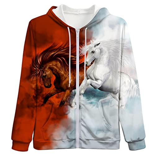 Srcnhim Novelty Horse 3D Print Zipper Hoodie Animal Hoodies Sweatshirt Pullover For Men Women,Red,L #TOP16