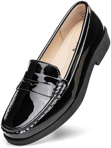 Freeberry Women's Comfortable Leather Penny Loafers Slip On Business Casual Dress Shoes Lightweight Office Work Flats Everyday Walking Shoes for Women, Black Patent, 7.5 M US