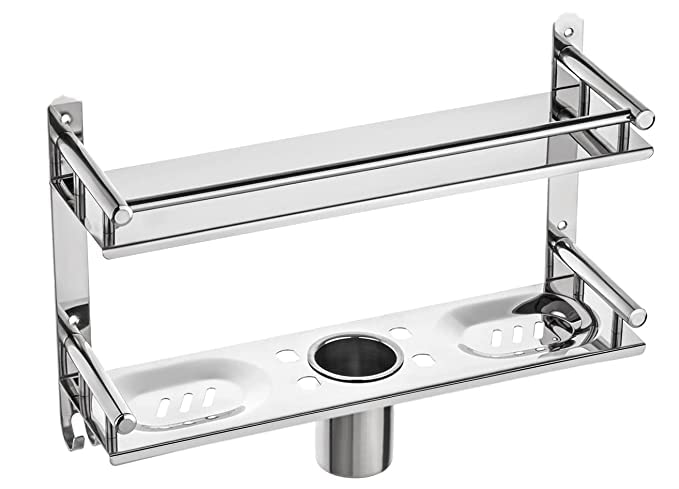 Filox Stainless Steel Double Layer Wall Rack with Towel Rod | Multipurpose Bathroom Organizer Shelf | Kitchen Storage Shelf for Utensils, Toiletries, Bottles, Jars | Space Saver Rack