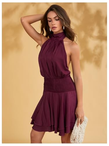 Image of Floerns Women's Summer Mini Dress Sleeveless Halter Backless Ruched Date Night Layered A Line Dresses