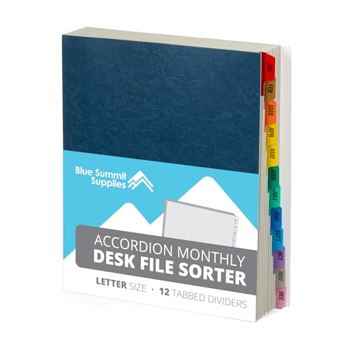 Blue Summit Expanding Monthly File Organizer, Letter Size 12 Month File Folder Organizer with Dividers, Paper Sorter for Desk and Documents