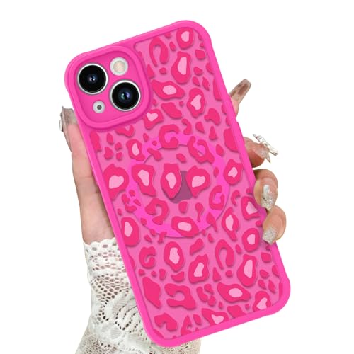 Image of KANGHAR Case for iPhone 14 Plus Hot Pink Leopard Printed Pattern | Cute Cheetah [Compatible with Magsafe] Protective Magnetic Case for Girls Women 6.7 inch