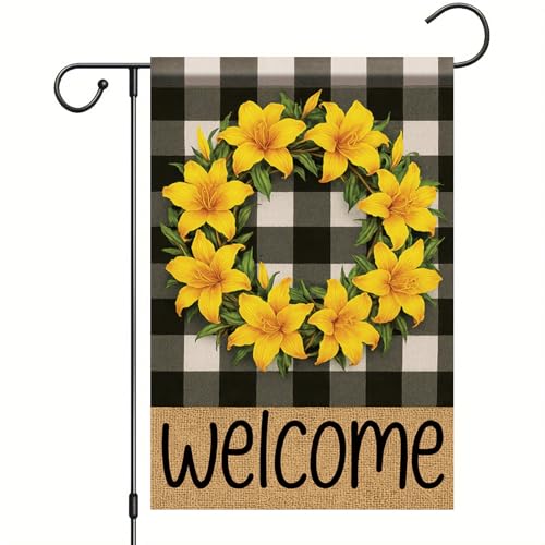Starlit Patio Buffalo Plaid Welcome Wreath Garden Flag Lily Flower Flag 12x 18 Inch Double Sided Spring Outdoor Fall Autumn Farmhouse Outdoor Small Decor for Porch Lawn Patio Yard