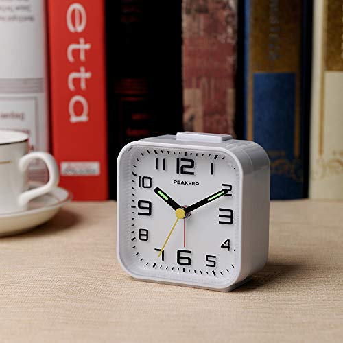 Image of Peakeep 3D Numbers No Tick-Tock Analog Alarm Clock with Classic Beep Sound, Snooze, Manual Light and Battery Powered Small for Travel (White-3D)