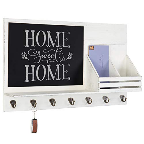Mygift Vintage White Wood Entryway Mail And Key Holder Family Command Center Organizer With Chalkboard, 2 Mail Slots, Display Ledge Shelf And 7 Hooks #TOP15