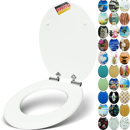 SANFINO® Premium WC Sitz mit Absenkautomatik – hochwertige Toilettendeckel aus Holz, viele bunte Motive, hoher Sitzkomfort, einfache Montage inklusive Montageanleitung – White