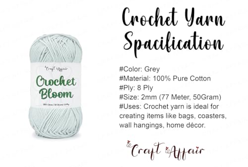 Image of Craft Affair | Crochet Bloom Cotton Yarn 8ply (2mm, 77Meter, 50Gram) 100% Pure Cotton | Knitting Yarn | for Embroidery, Craft & DIY Project: Grey