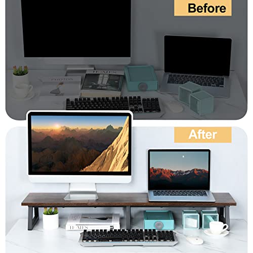 Teamix 42 Inch Large Dual Monitor Riser,Rustic Brown Extra Long Tv Stand Riser Monitor Stand For 2 Monitors Wood & Steel Desktop Riser With Storage For Dual Screen Office Desk Organization #TOP4