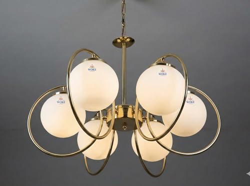 Image of WOKE Metal Mid-Century Modern 6-Light Chandelier with 6 Rings Glass Ball Shades | Gold Plated Hanging Ceiling Pendant Light for Living Room, Bedroom & Home Decor (Bulb Not Included)