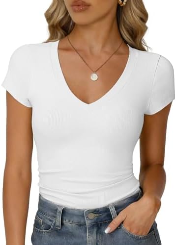 RIROW Damen Sommer T-Shirt V-Ausschnitt Kurzarm Rippstoff Slim Fit Basic | Weiches Hautgefühl, atmungsaktiv elastisch, Gerippte Oberteile, Elegantes Rippshirt, Figurbetont, Casual,