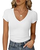 RIROW Damen Sommer T-Shirt Basic V-Ausschnitt Kurzarm Rippstoff Figurbetont Slim Fit Atmungsaktiv Elegant Y2K Top Weiß, S