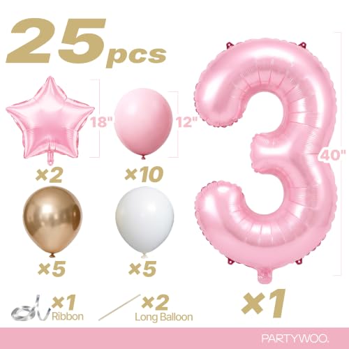 Image of PartyWoo Baby Pink Number 3 Balloon 40 Inch 25pcs Pink Foil Star White Gold