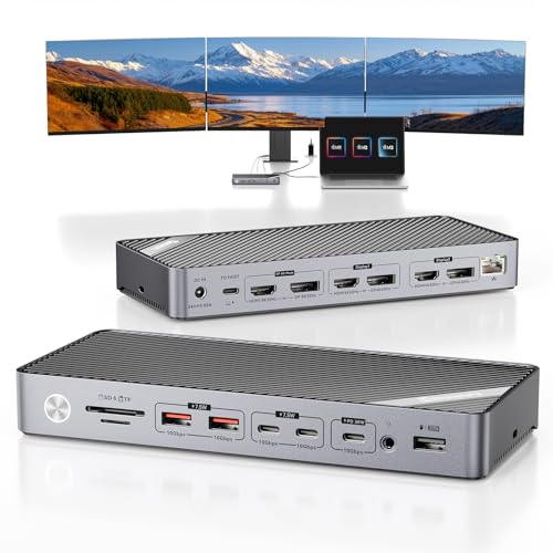 Minisopuru DisplayLink Docking Station 3 Monitors with 140W Charger, 30W Charging, 8K/4K USB C Docking Station for MacBook,Thunderbolt 5/4/3, Windows(3X HDMI,3X DisplayPort,5X USB Data & Charge,TF/SD)
