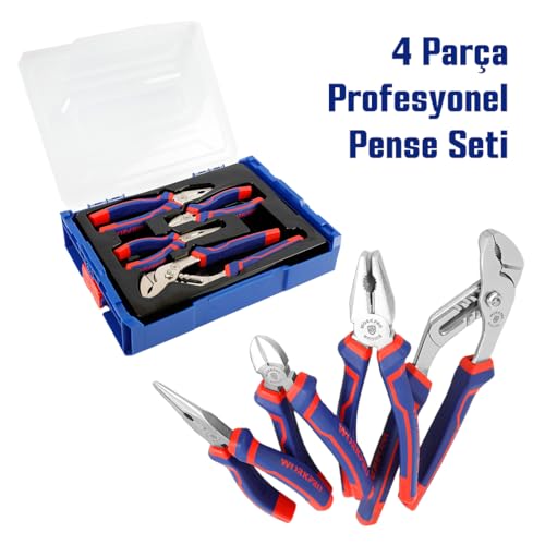 4 Parça Profesyonel Pense Seti, Ni-Fe Alaşımlı Karbon Çelik, 200 mm Kombine, 160 mm Yan Keski, 160 mm Kargaburnu, 250 mm Ford Pense