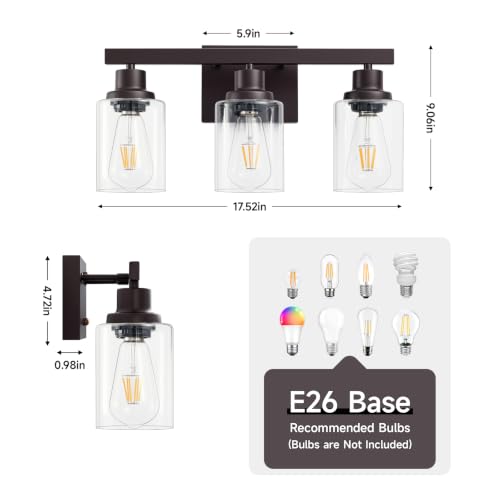 Image of 3 Light Bathroom Vanity Light,Oil Rubbed Bronze Vanity Lights 17 inch | Bronze Bathroom Light Fixtures over Mirror,with Clear Glass,Modern Wall Sconces for Bathroom,E26 Base