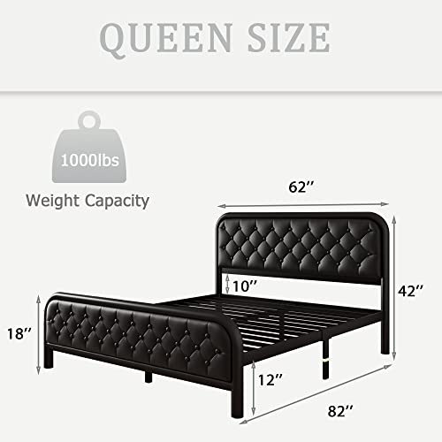 Ipormis Queen Size Metal Bed Frame With Faux Leather Button Tufted Headboard And Footboard, Heavy Duty Platform Bed With 17 Steel Slats,12" Under-Bed Space, No Box Spring Needed, Noise-Free, Black #TOP1