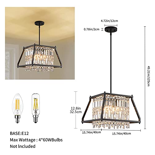 Image of LMQNINE Farmhouse Chandelier - Black Metal Crystal Pendant Light for Kitchen, Dining, Living Room - Flat & Inclined Ceiling (Trapezoid -15.74in)