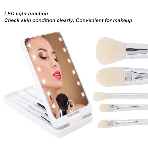 Image of Prime Pick Glow Pro Vanity Mirror 2 in 1 Rotatable Makeup Mirror LED Light Dimmable Touch Control with 5 Makeup Brushes Portable Travel Beauty Mirror for Women White