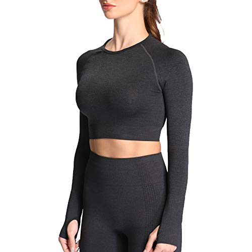 Aoxjox Women's Crop Tops Seamless Workout Tops Vital Long Sleeve Shirts (Vital Black Marl, Medium)
