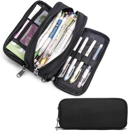 Image of Della Gao Large Capacity Pencil Case, Aesthetic Pencil Pouch with 3 Compartments Nylon Storage Pen Bag Office Stationery Organizer for Women and Men(01-3BK)