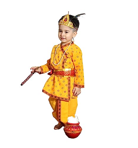 Image of Kaku Fancy Dresses Krishna Costume for Kids, Baby Krishna Dress for Janmashtami, Bal Krishna Dhoti Set, Krishnaleela Costume, Infant Bal Gopal, Krishna Fancy Dress Costume for Boys /Girls