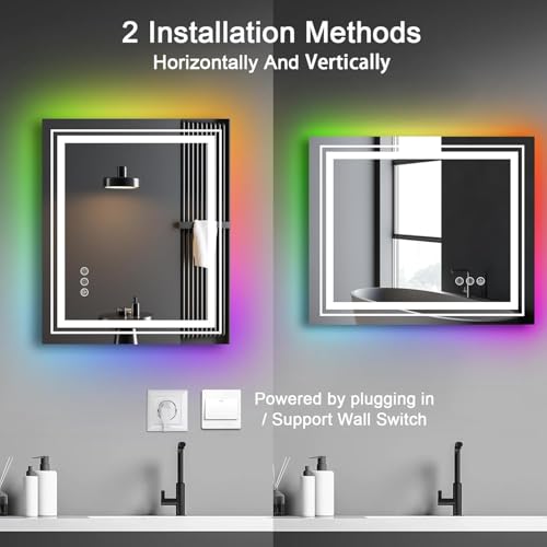 LED Mirror for Bathroom, 48"X40" with 8 RGB Backlit +3 Front Lit (Adjustable Individually), Anti-Fog, Large Lighted Bathroom Vanity Mirror for Wall,Shatterproof,Memory Function,Tempered Glass