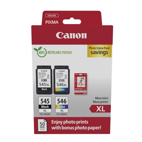 Canon PG-545XL / CL-546XL Lot de 2 Cartouches d'encre Authentiques à Haut rendement (Couleur et Noir) - Comprend 50 Feuilles de Papier Photo 10 x 15 cm - Carton de sécurité Canon PG-545XL / CL-546XL Lot de 2 Cartouches d'encre Authentiques à Haut rendement (Couleur et Noir) - Comprend 50 Feuilles de Papier Photo 10 x 15 cm - Carton de sécurité