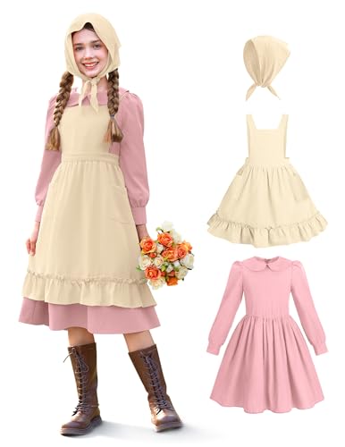 Big Kids Peter Pan Collar Dress Apron Pioneer Pink Rose Outfit with Headscarf 12 Years
