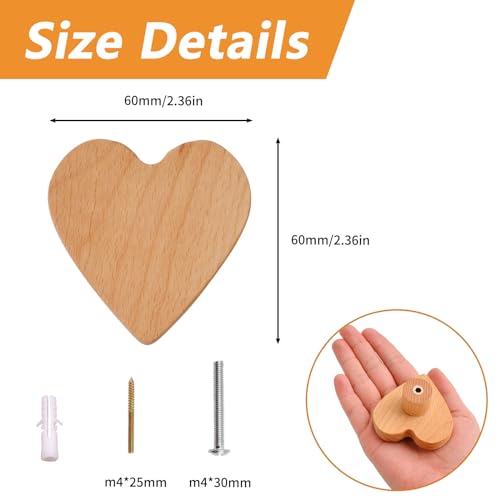 MOROBOR 6PS Heart Shaped Wooden Knobs Single Hole Beech Wood Handles Wood Cupboard Cabinet Handles Knobs for Chest of Drawers with Screws& Expansion Tube - Image 2