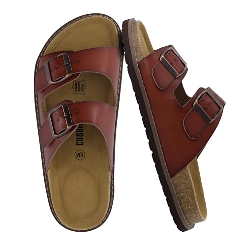 CUSHIONAIRE Plano Slip-On Sandals for Women with Arch Support, Adjustable Buckle Straps, and Stitched Outsole – Casual Flat Summer Womens Sandals