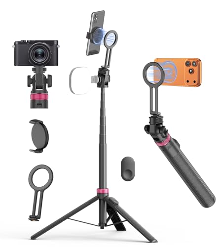 TONEOF 175cm/69 Magnetic Selfie Stick Phone Tripod Portable Camera Tripod for Magsafe with Phone Clip Adapter Aluminum Video Kits with Remote for Phone/Small Cameras for Selfies/Live-Black Red