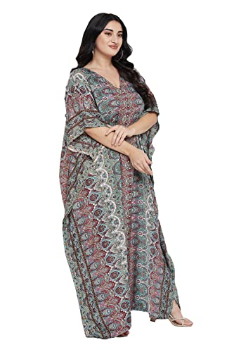 Image of Women Long Maxi Plus Size Polyester Kaftan Gown, Womens Kaftan Dresses | Lounge Resort Wear, Batwing Sleeve Side Slit, Beach Cover Up, House Dress, Lightweight V Neck Loose Fit Boho Dress