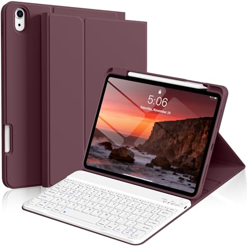 kenke for iPad 11/10th Gen Case with Keyboard 11/10.9 inch 2025 A16/2022, Detachable Wireless Bluetooth Keyboard Case with Built-in Left Side Pencil Holder, White Square Keycaps (Dark Cherry)