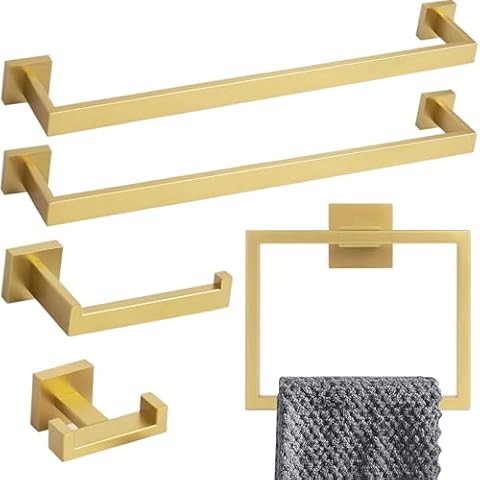 Brushed Gold Towel Bar Set, Lava Odoro 5-Piece Bathroom Hardware Set Gold Towel Rack Towel Holder Set Wall Mounted Stainless Steel, Bathroom Accessories Kit, 23.6-Inch Cover