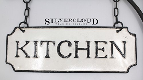 Silvercloud Trading Co. Rustic Hanging Double-Sided Kitchen Embossed Black On White Enamel Metal Sign With Bracket - Restaurant Wall Decor - Room Label #TOP2