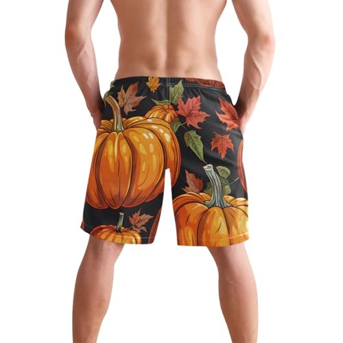 Men's Swim Trunks Quick Dry Swimming Shorts with Pocket Pumpkins Leaves on Dark Background Swimsuit Trunks2
