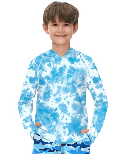 BesserBay Big Boys UV Protection Quick-Dry Long Sleeve Rash Guard Shirt Blue Tie Dye Hooded Thumb Holes Swimming Sun Shirt 11-12 Years