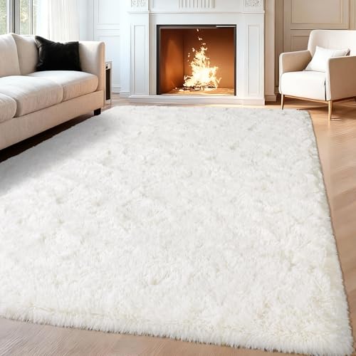 Image of iEvery Rugs for Living Room 140x200 cm - Fluffy Shaggy Area Rug for Bedroom, Soft Non Slip High Pile Modern Floor Carpet for Kids Room, Cream White