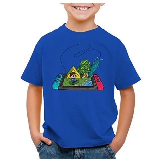 style3 Crossing Pez Camiseta para Niños T-Shirt Switch Animal Videojuego Horizons, Color:Azul, Talla:152