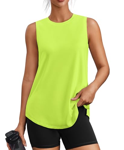 PINSPARK Womens Workout Tank Tops Lightweight Sleeveless Gym Shirts Loose Fit Pilates Tops for Athletic Running Tennis Yoga Lime Green Large