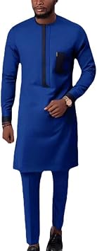 Long Sleeve Mens African Dashiki Outfit 2 Piece Set Shirt and Pants Traditional Ethnic Suit Slim Fit Clothing Tracksuit Color Blue, Size Large