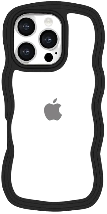 Image of GoldKart iPhone 16 Pro Max Case Wavy Edge Clear Back Design, Anti-Slip Grip Cute Wave Curly Frame Shape Shockproof Soft TPU & Hard PC Bumper Protective Phone Case Cover for Women Girls - Black