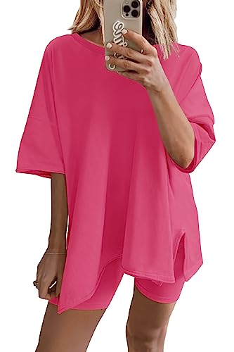 Senserise Womens Workout Set 2 Piece Outfits Short Sleeve V Neck T Shirts Biker Shorts Yoga Reversible Tracksuit(Hot Pink,Xl) #TOP1