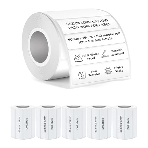 Image of SEZNIK Waterproof, Non-Tearable, Sticky Thermal Lables, Label Roll, 2 inch Adhesive Thermal Labels for Label Printers (50mmx15mm - 500 Lables), 500 Labels
