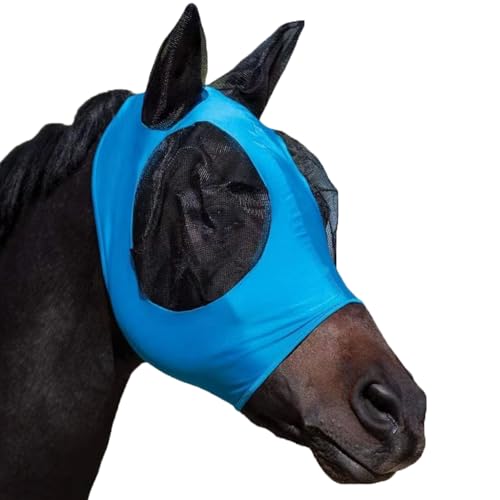 HUAME Horse Fly Mask with Ears, Comfortable Fit Stretch Fabric with UV Protection Soft on Skin Breathability for Medium or Large Size Horses (Blue, Large)