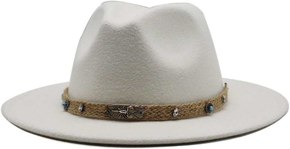 Western Style Wool Fedora Hat, Brown with Decorative Beaded Band, Wide Brim, Traditional Cowboy Design
