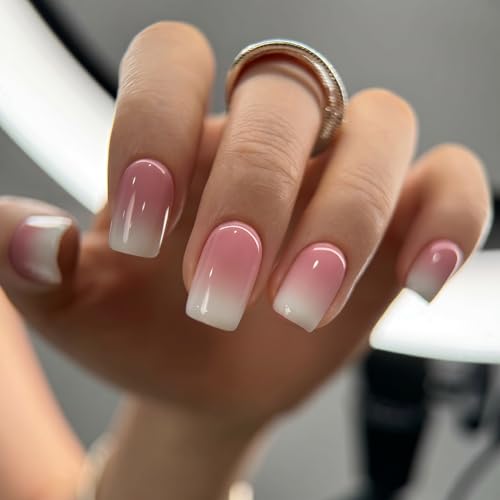 Image of Curvlife Press on Nails Acrylic Fake Nails with Ivory Gradient White Design Full Cover False Nails for Women Reusable Nail Kit with Nail Glue Adhesive Tabs