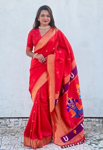 Image of SGF11 Women's Kanjivaram Paithani Silk Saree With Unstitched Blouse Piece