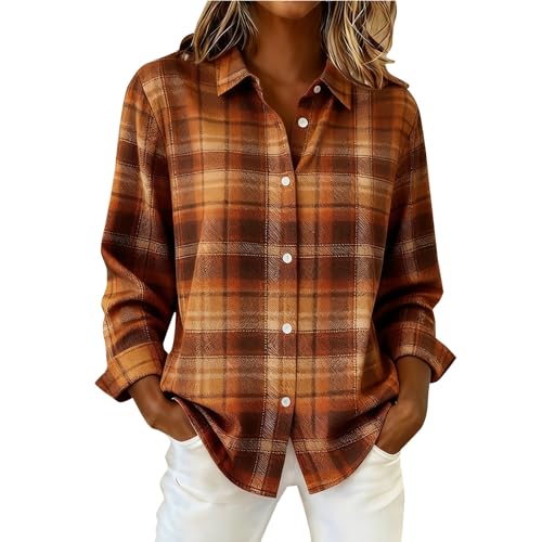 Richymfa Camicia a Quadri Donna Oversize in Cotone Blusa Maniche Lunghe Camicetta Scozzese con Bottoni Elegante Bluse e Camicie Comoda Casual Country Shirts Stile Boyfriend Taglie Forti Primavera